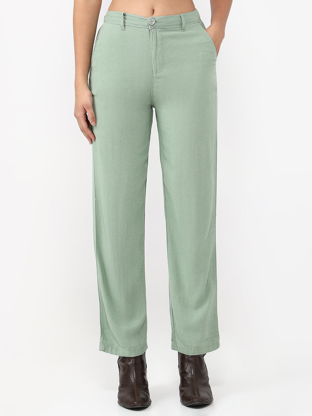 Women Dark Mint Loose Straight Fit Pants