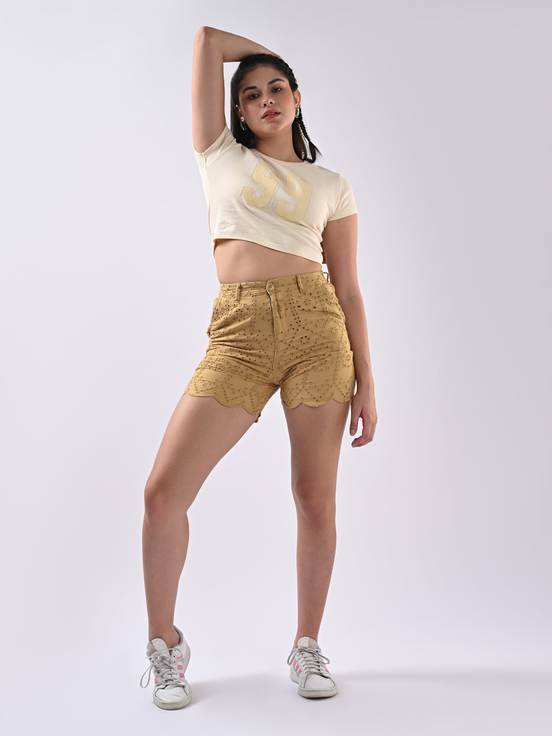 Women Mustard Slim Fit Schiffli Shorts
