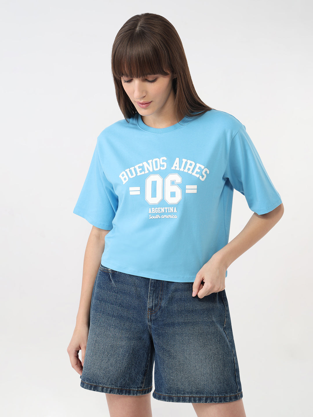 Women Sky Blue Graphic Crop T-Shirt
