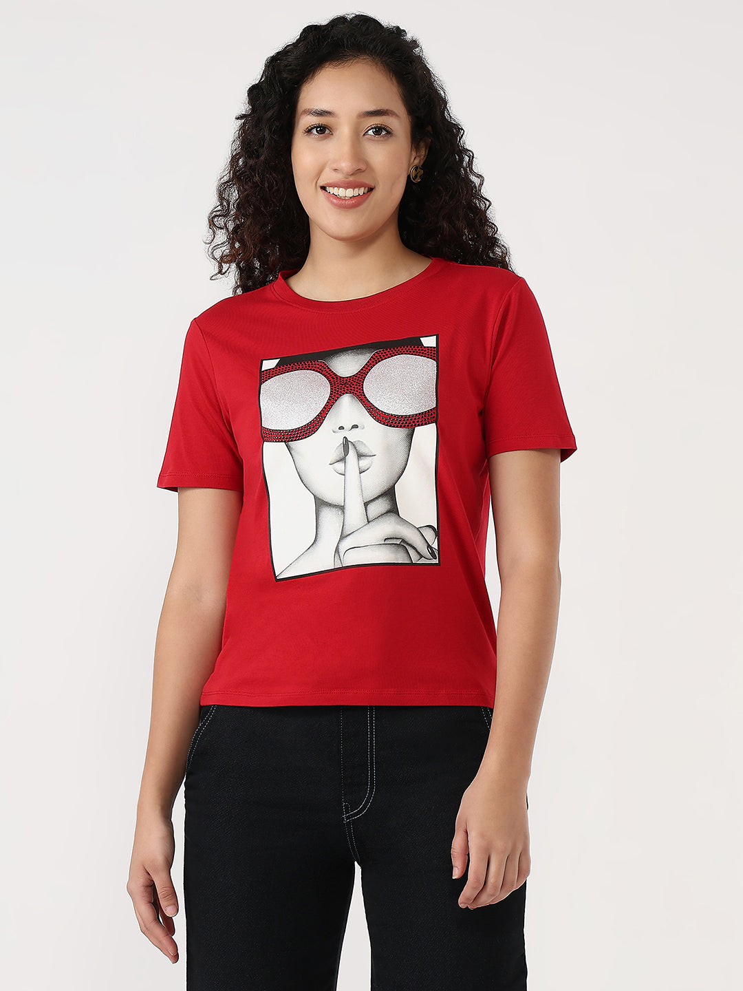 Women Red Slim Graphic T-Shirt