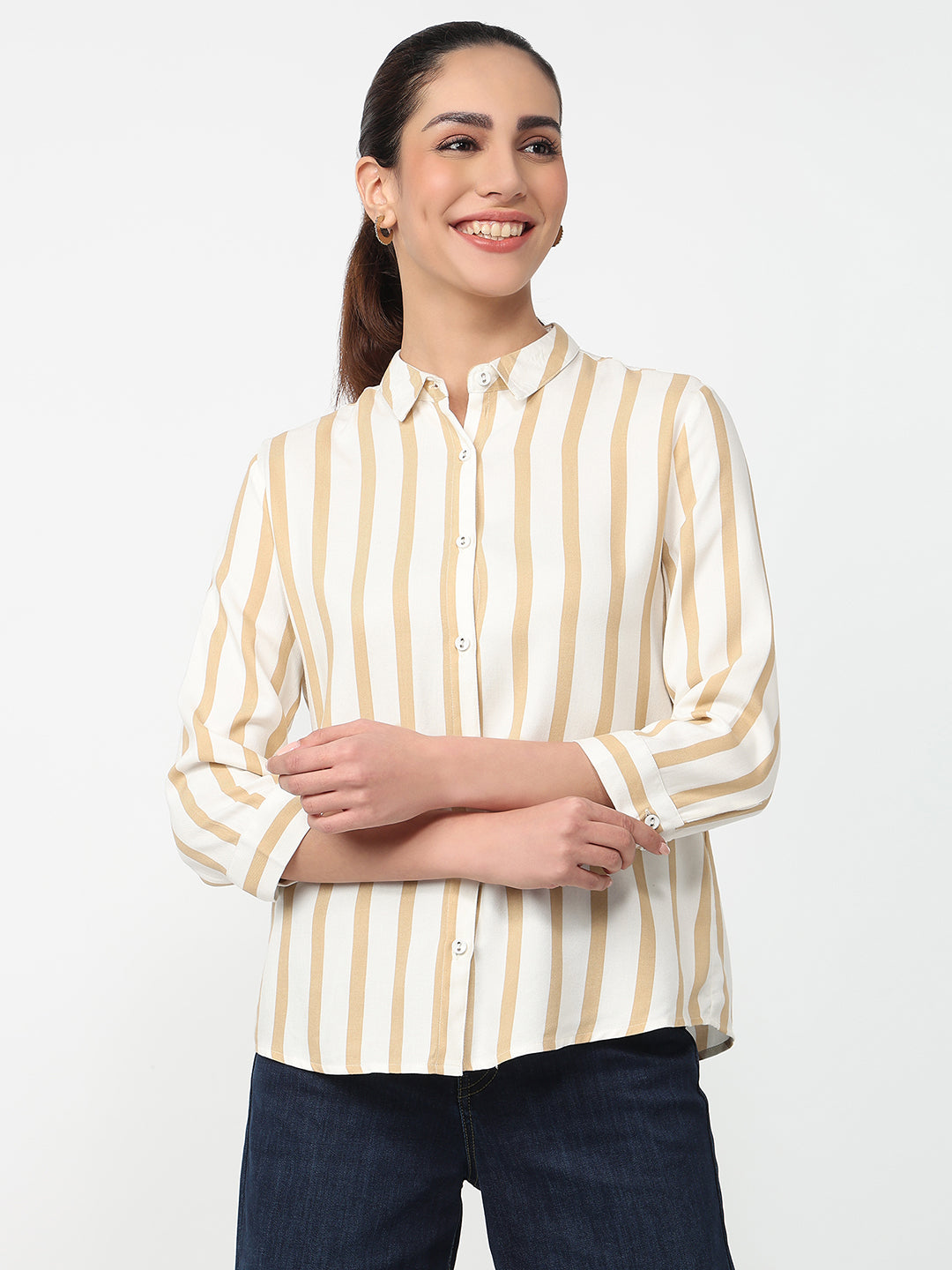 Women Beige/White Striped Shirt