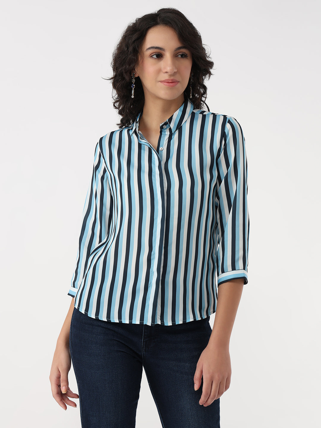 Women Sky/Navy Slim Stripe Shirt