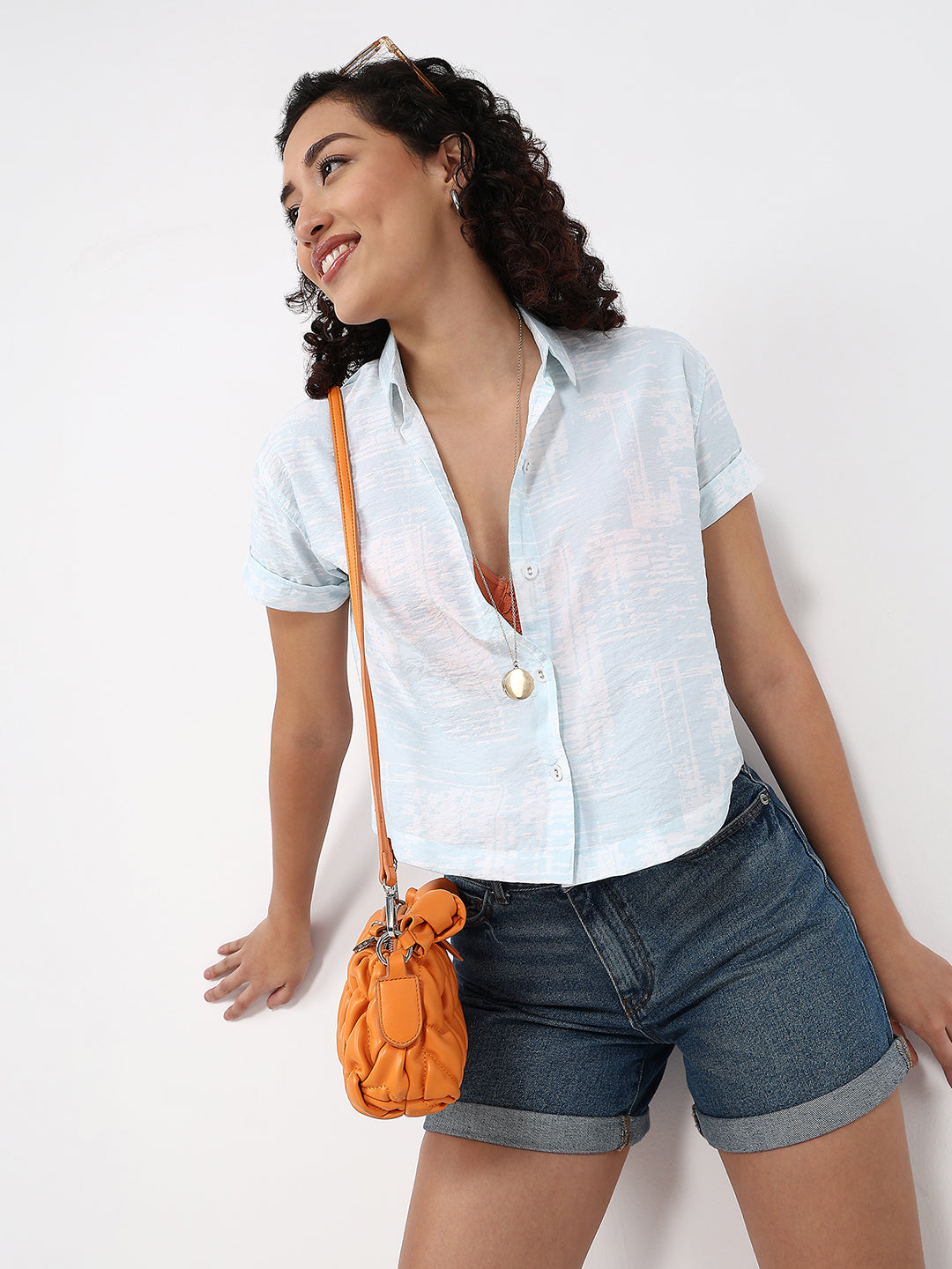Women Abstract Sky Slim Crop Shirt