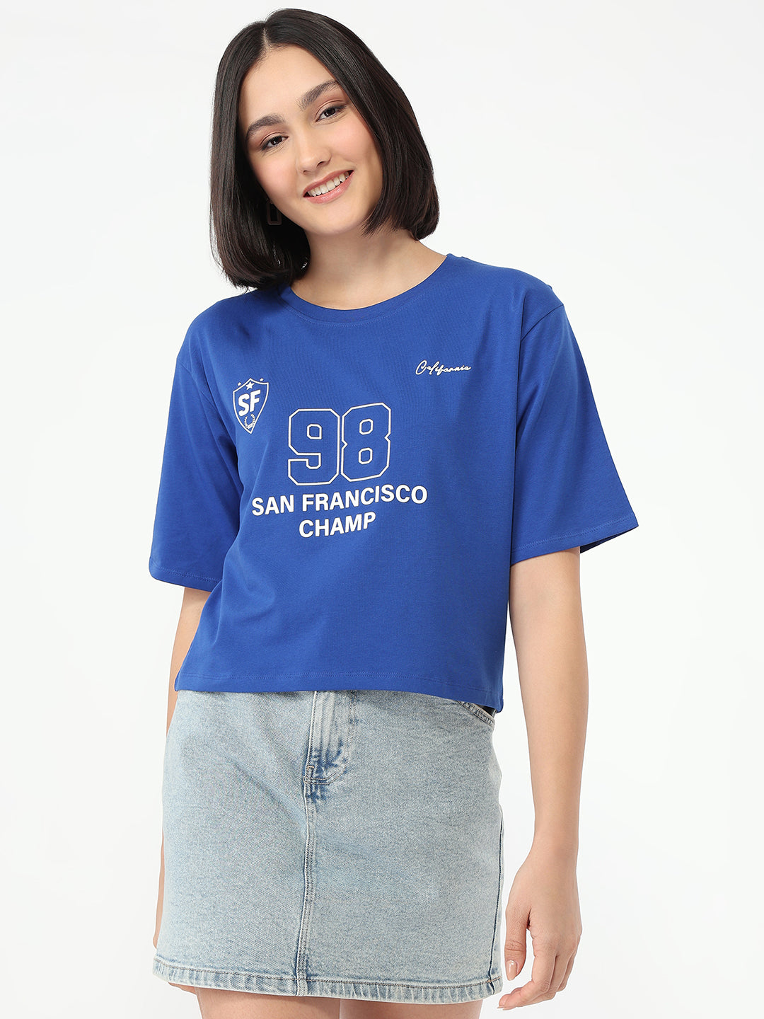 Women Electric Blue Slim Fit Boxy T-Shirt