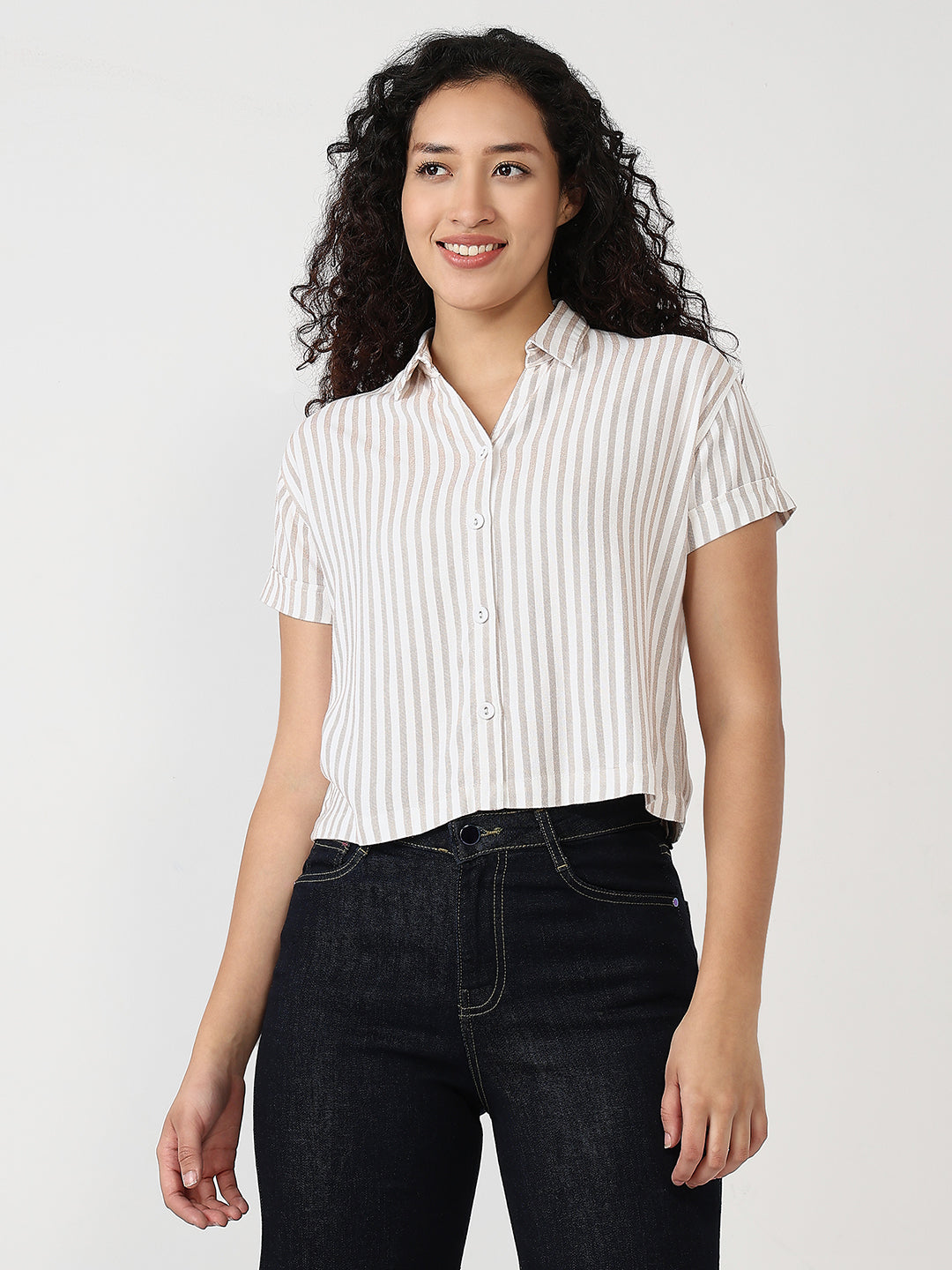 Women Beige/White Slim Crop Shirt