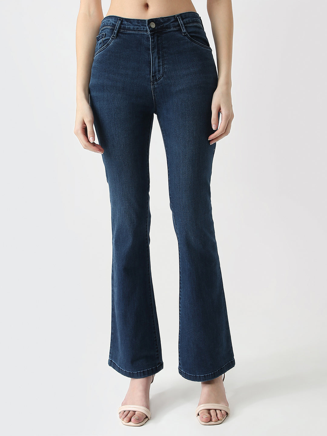 Women's Blue High Rise Flare Jeans with Knee Slit