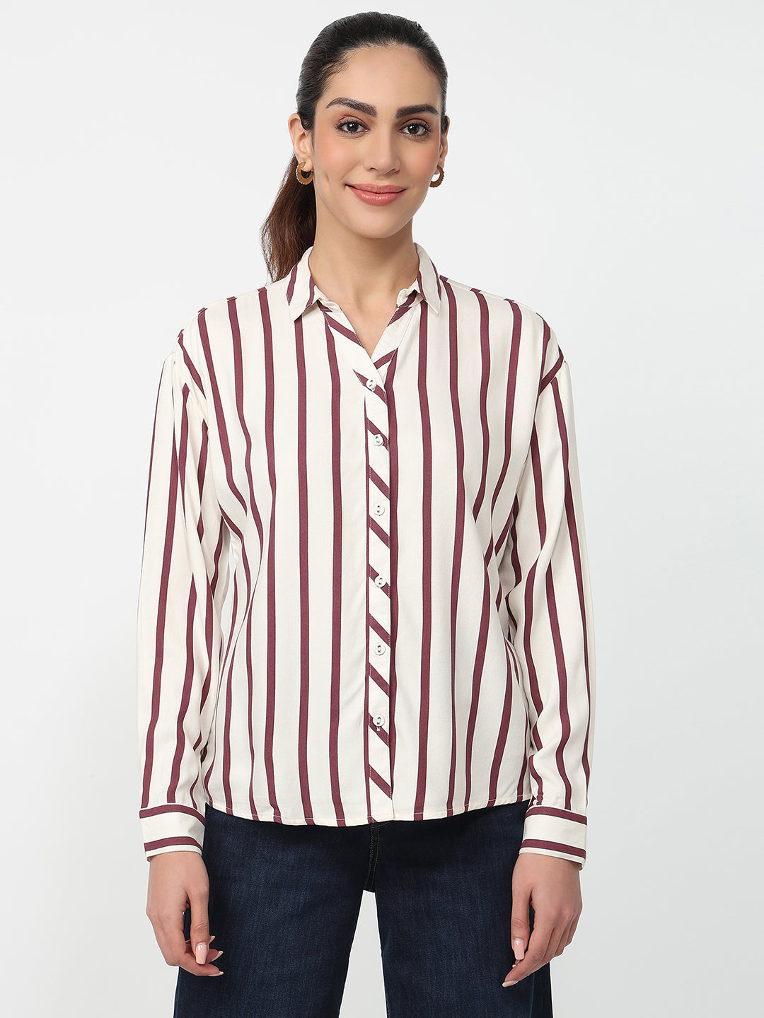 Women White/Mauve Striped Shirt