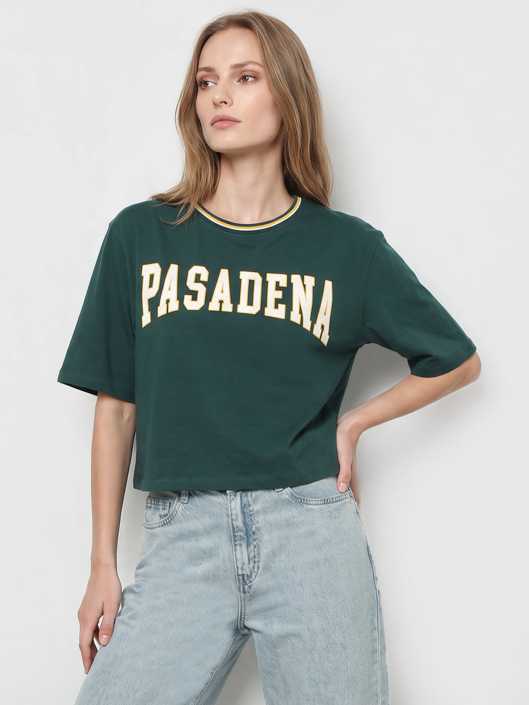 Women Bottle Green Graphic Crop Tees