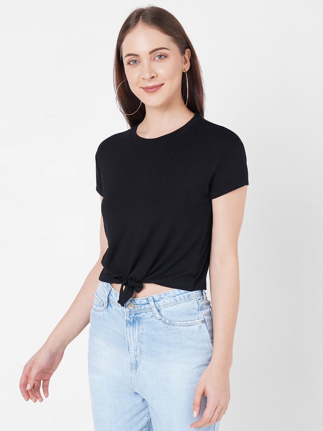 Women Crop Front Tie-Up Slim T-Shirt