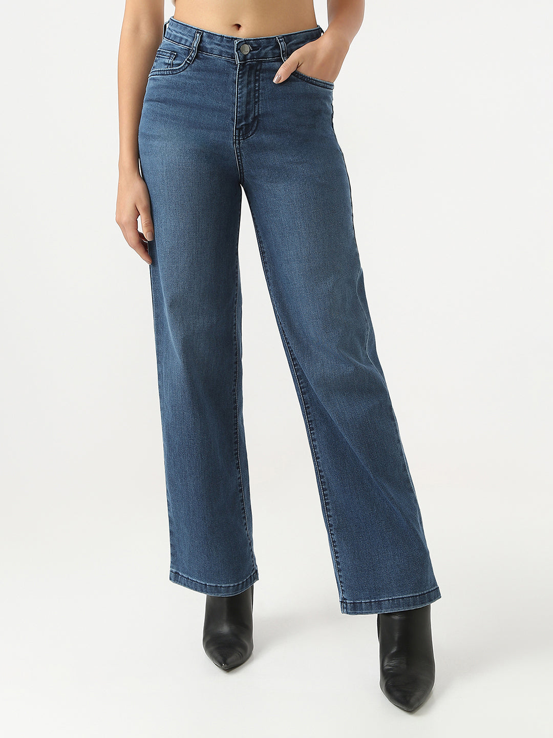 Women Dark Blue High-Rise Straight Fit Jeans