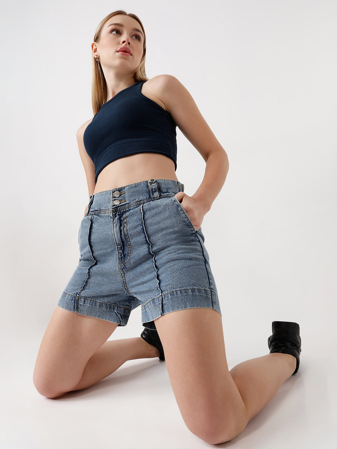 Women Light Blue High-Rise Slim Shorts