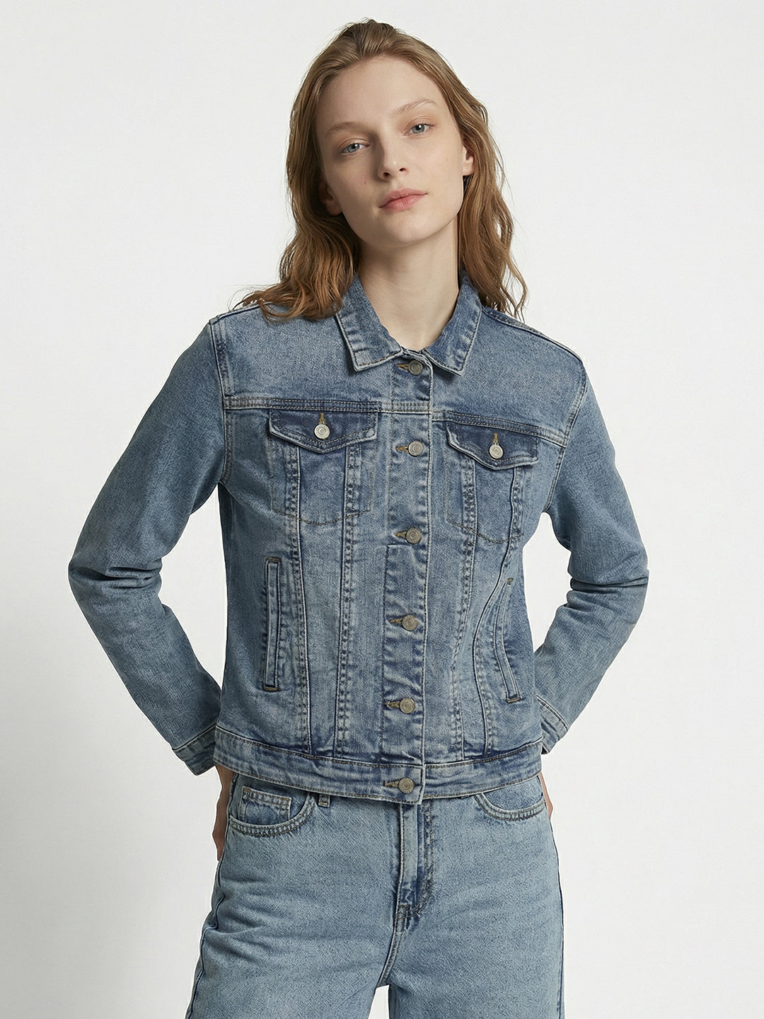 Women Light Blue Denim Slim Fit Jacket