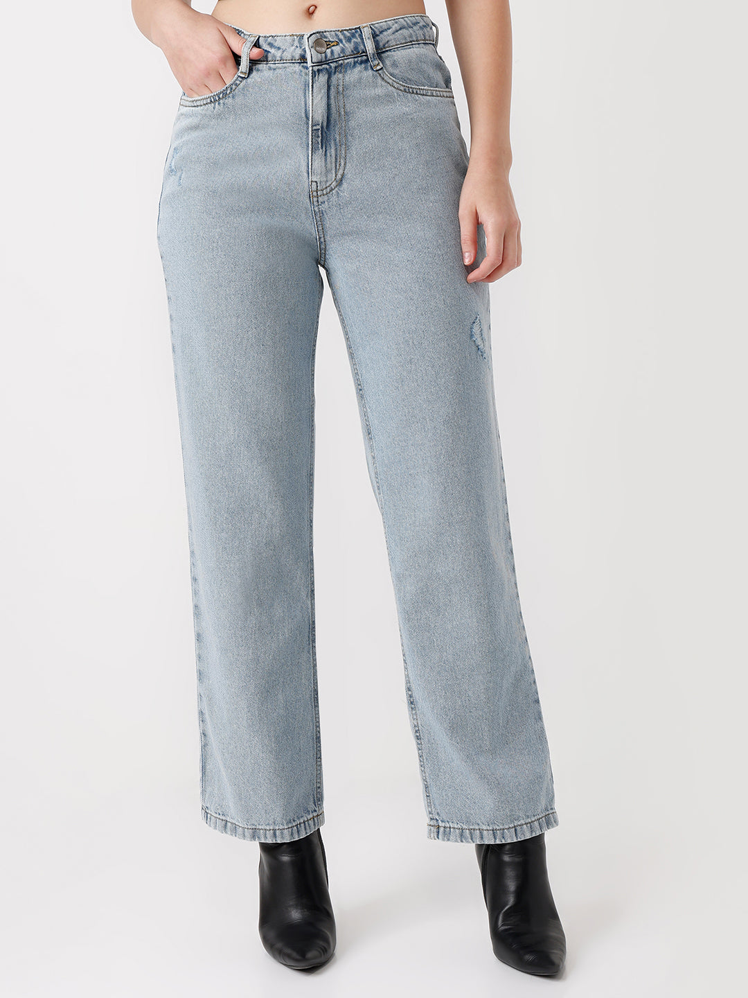 Women Light Blue High-Rise Loose Straight Jeans