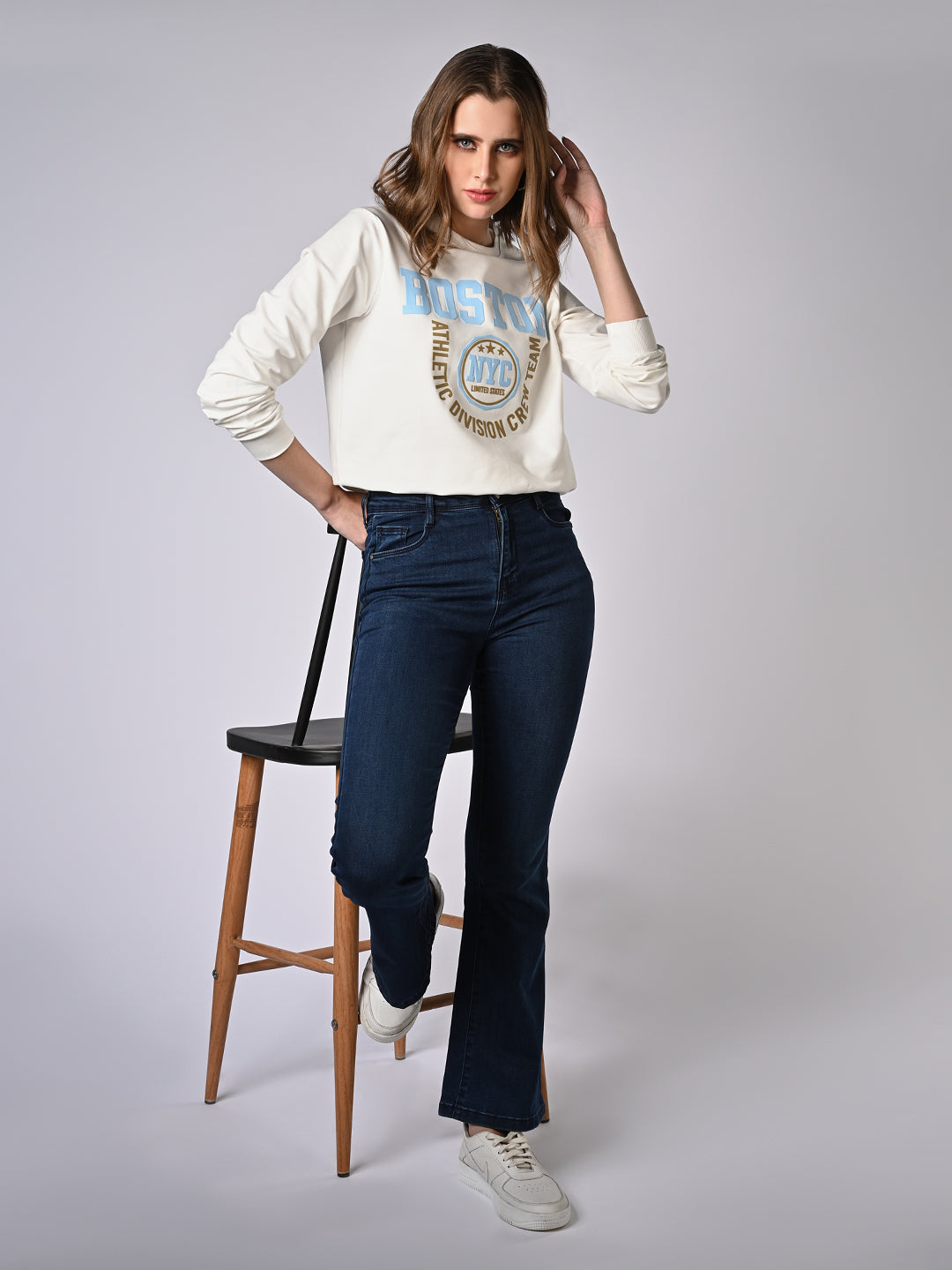 Women Dark Blue High-Rise Mini Flare Jeans