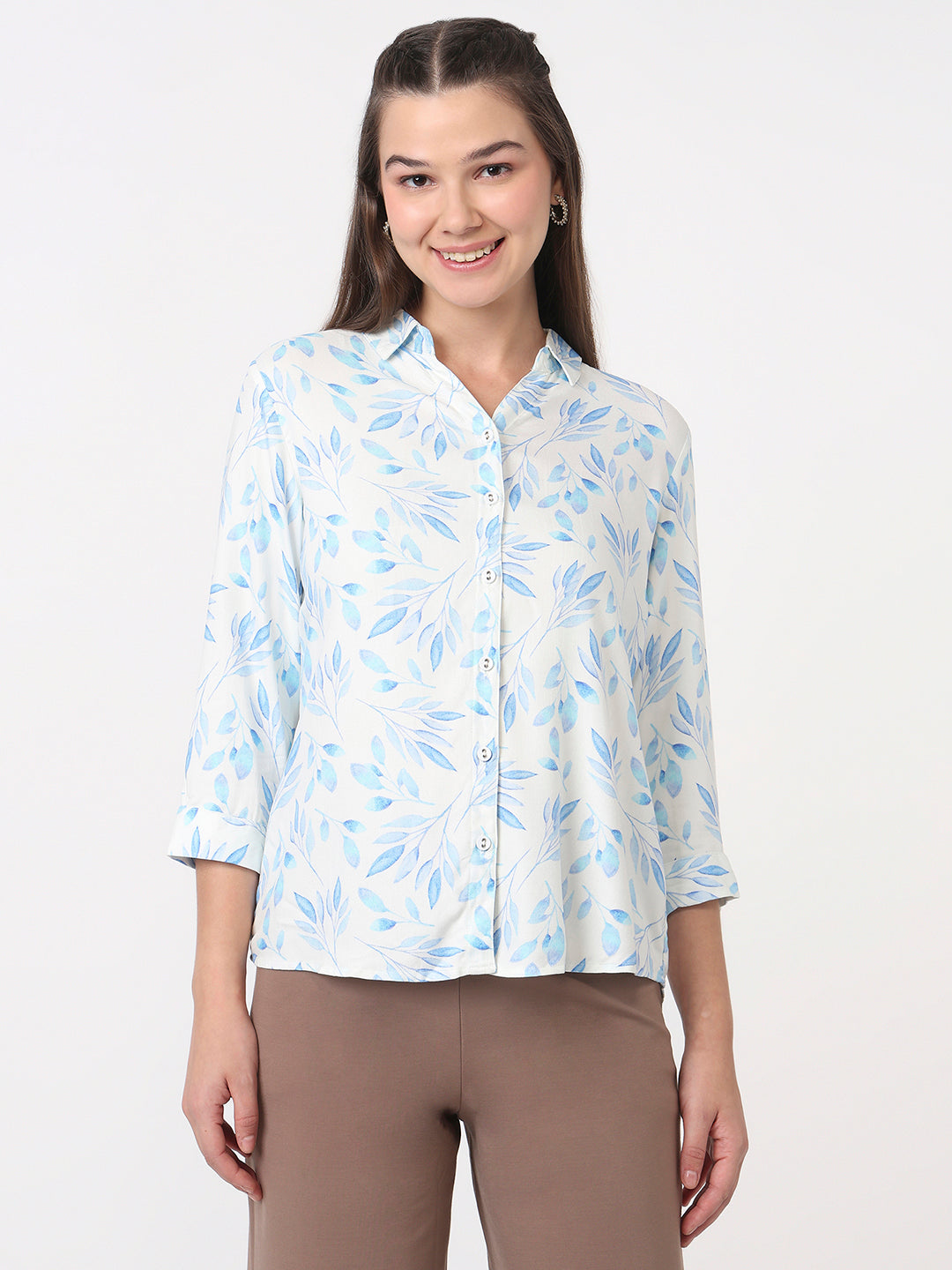 Women Blue Leaf Slim Fit Shirt