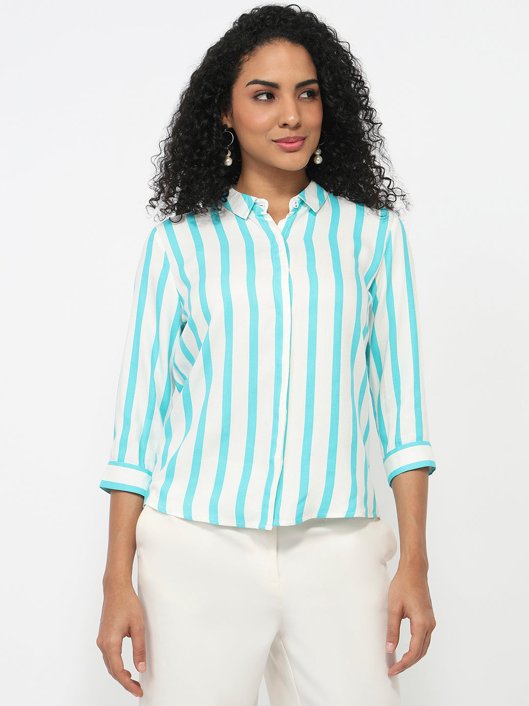 Women Aqua/White Striped Shirt
