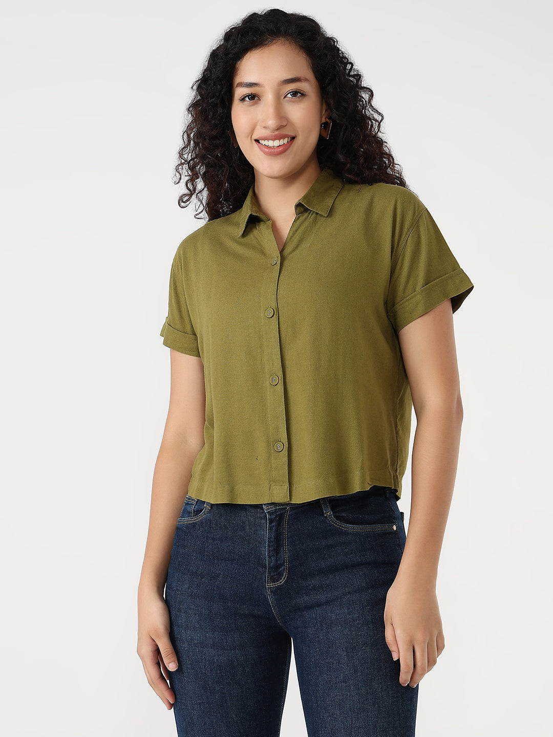 Women Avocado Slim Crop Shirt