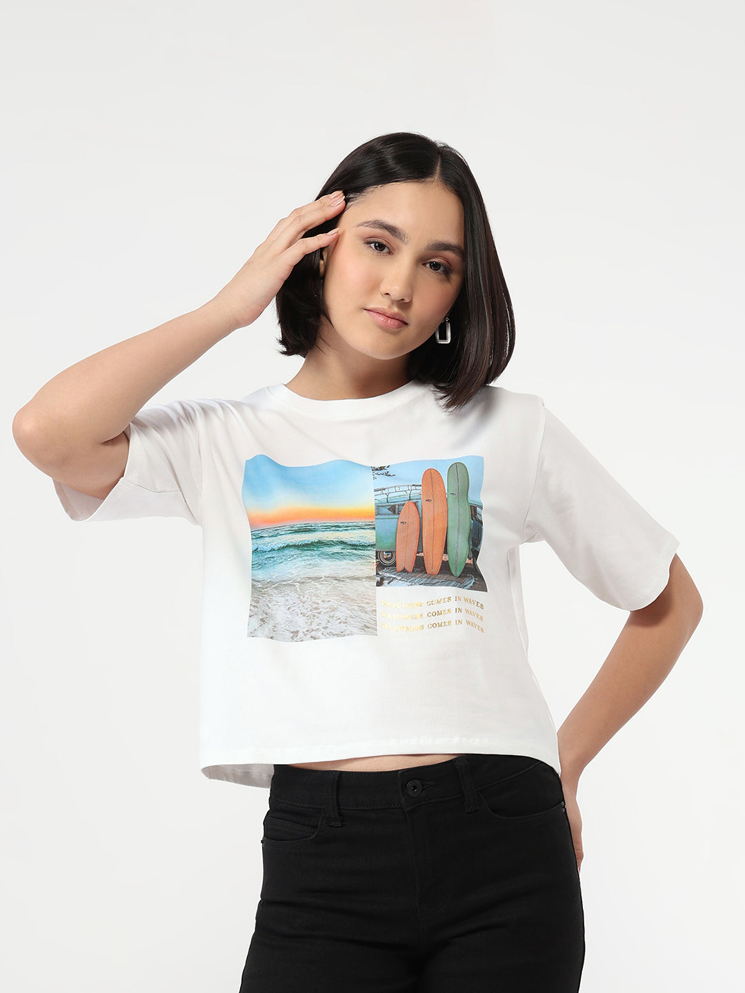 Women White Slim Fit Crop T-Shirt