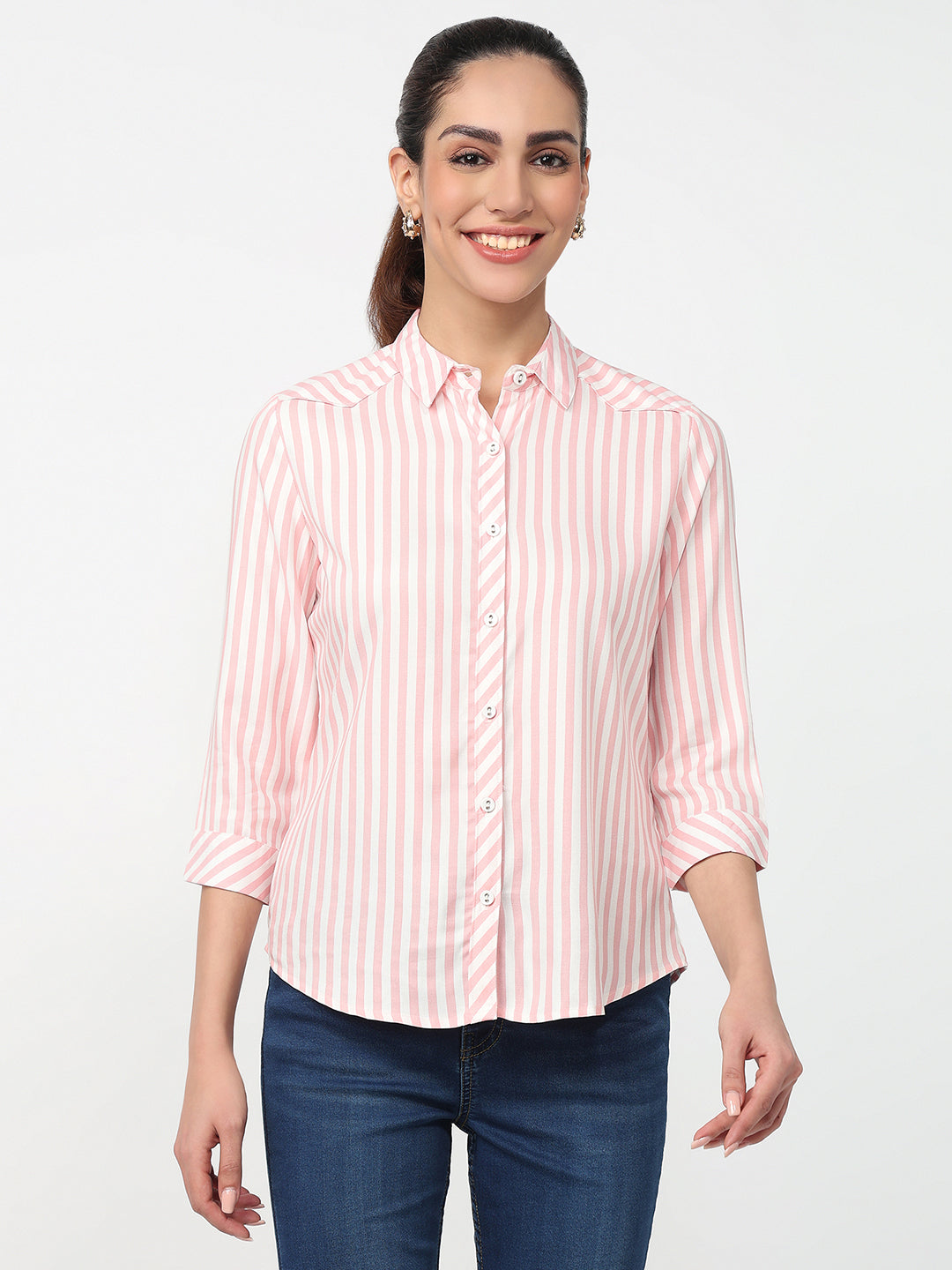 Women Peach Pink/White Striped Shirt