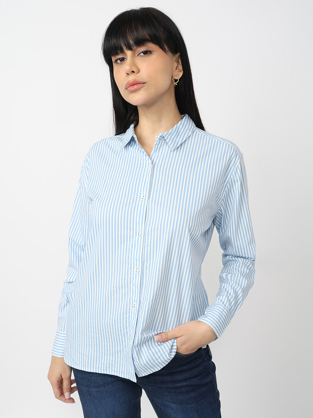 Women Sky/White Slim Fit Oversized Shirt