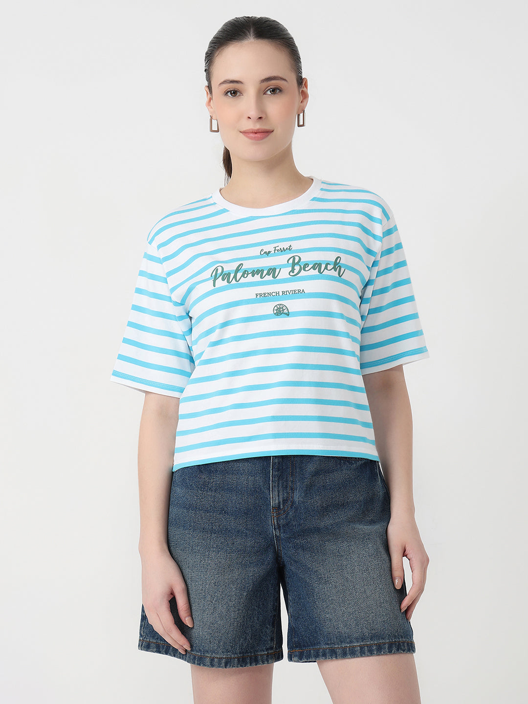 Women Sky/White Slim Fit Graphic Crop T-Shirt