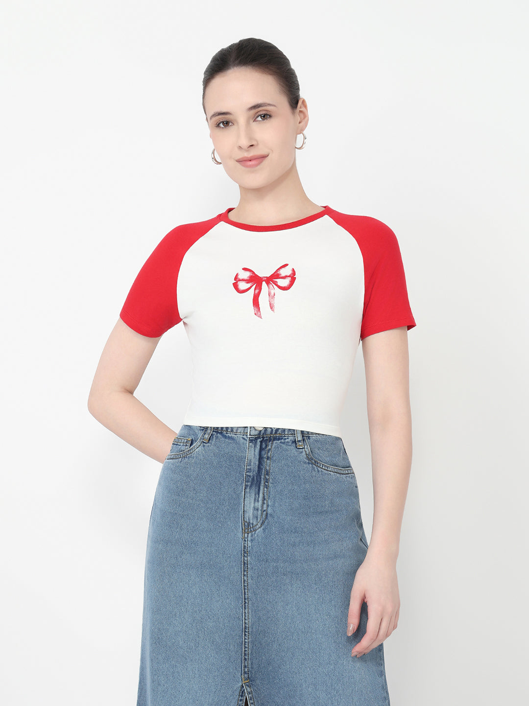 Women Off White/Red Slim Fit Genz T-Shirt