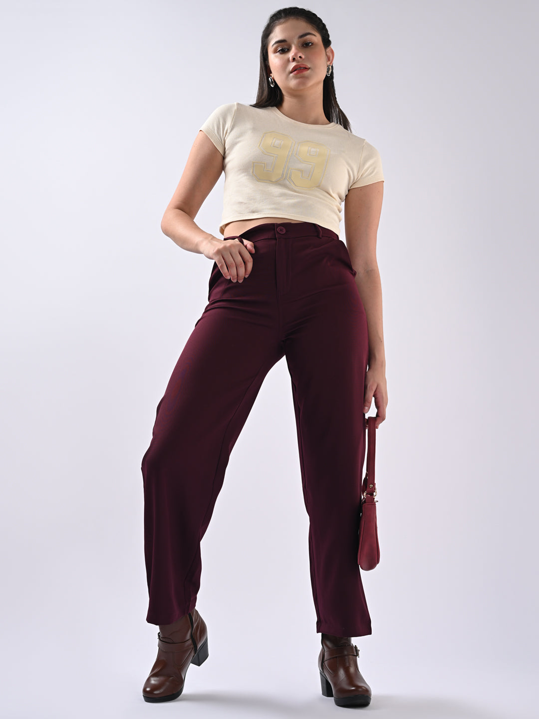 Women Wine Mid-Rise Wide Leg Trousers