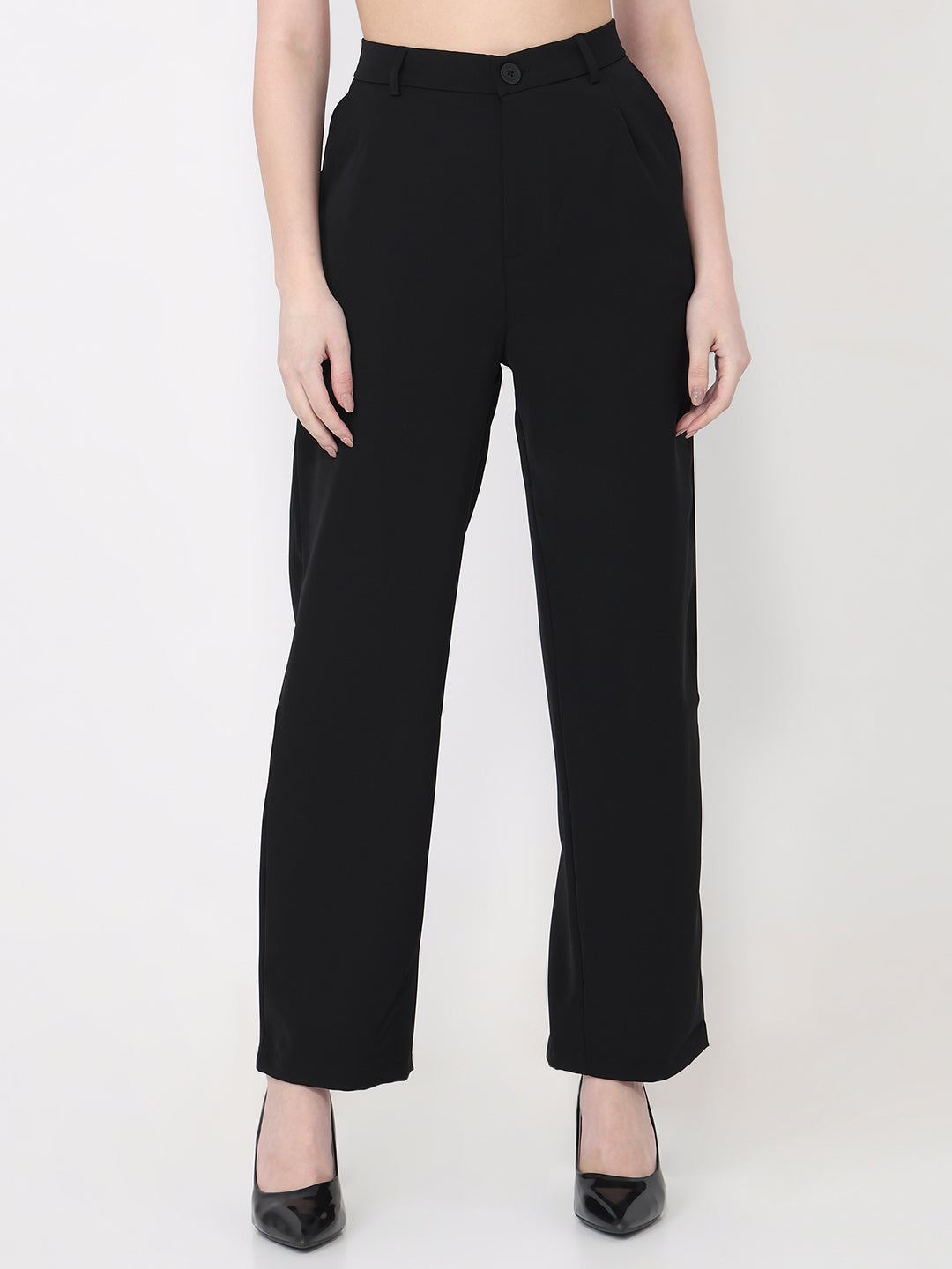 Women Black High-Rise Straight Fit Korean Pants