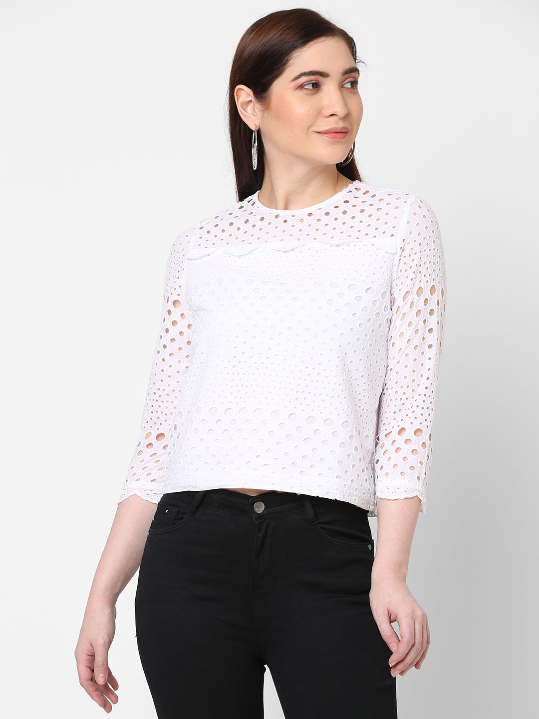 Women Schiffli Embroidered Slim Fit Crop Top