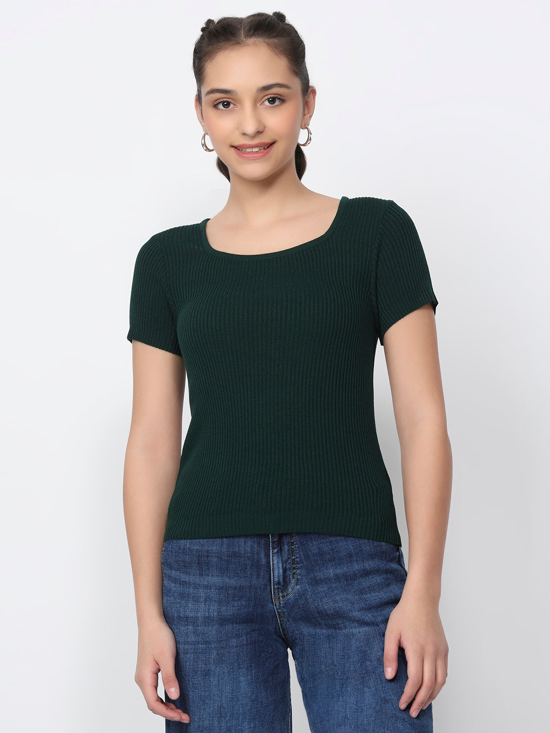 Women Bottle Green Flat Knit