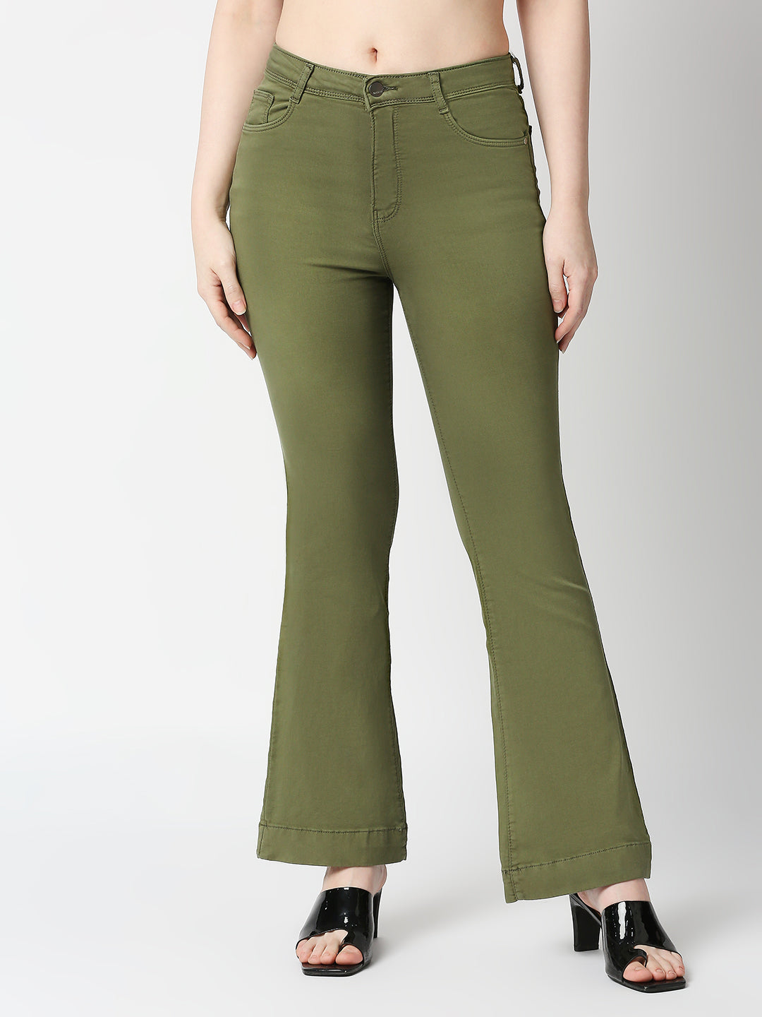 Women Olive High-Rise Flare Jeans