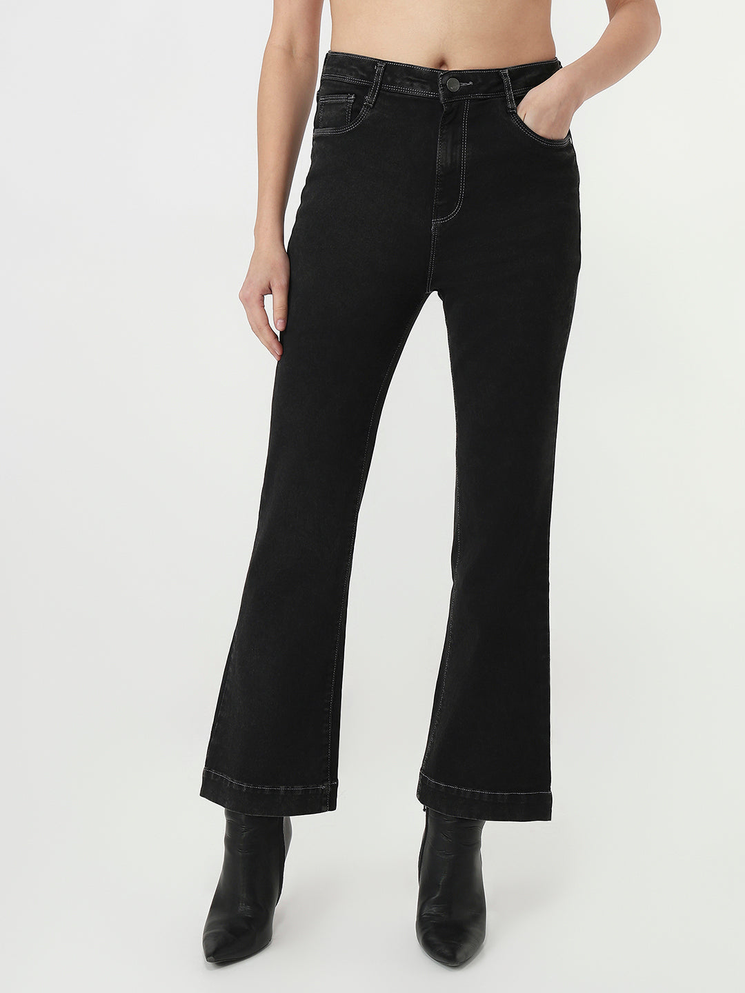 Women Charcoal Black High-Rise Flare Jeans