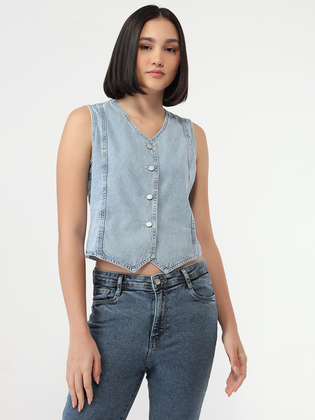 Women Light Blue Slim Fit Denim Vest