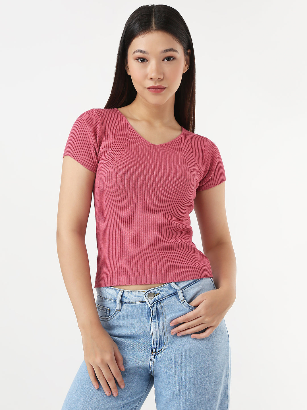 Women Blush Pink Slim Flat Knit Top