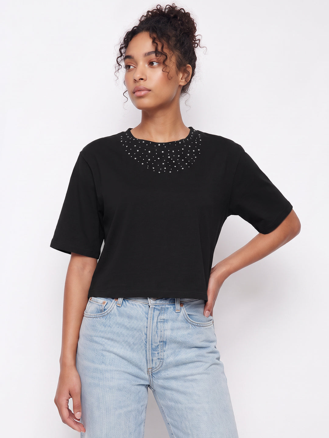 Black Rhinestones Crop Tees