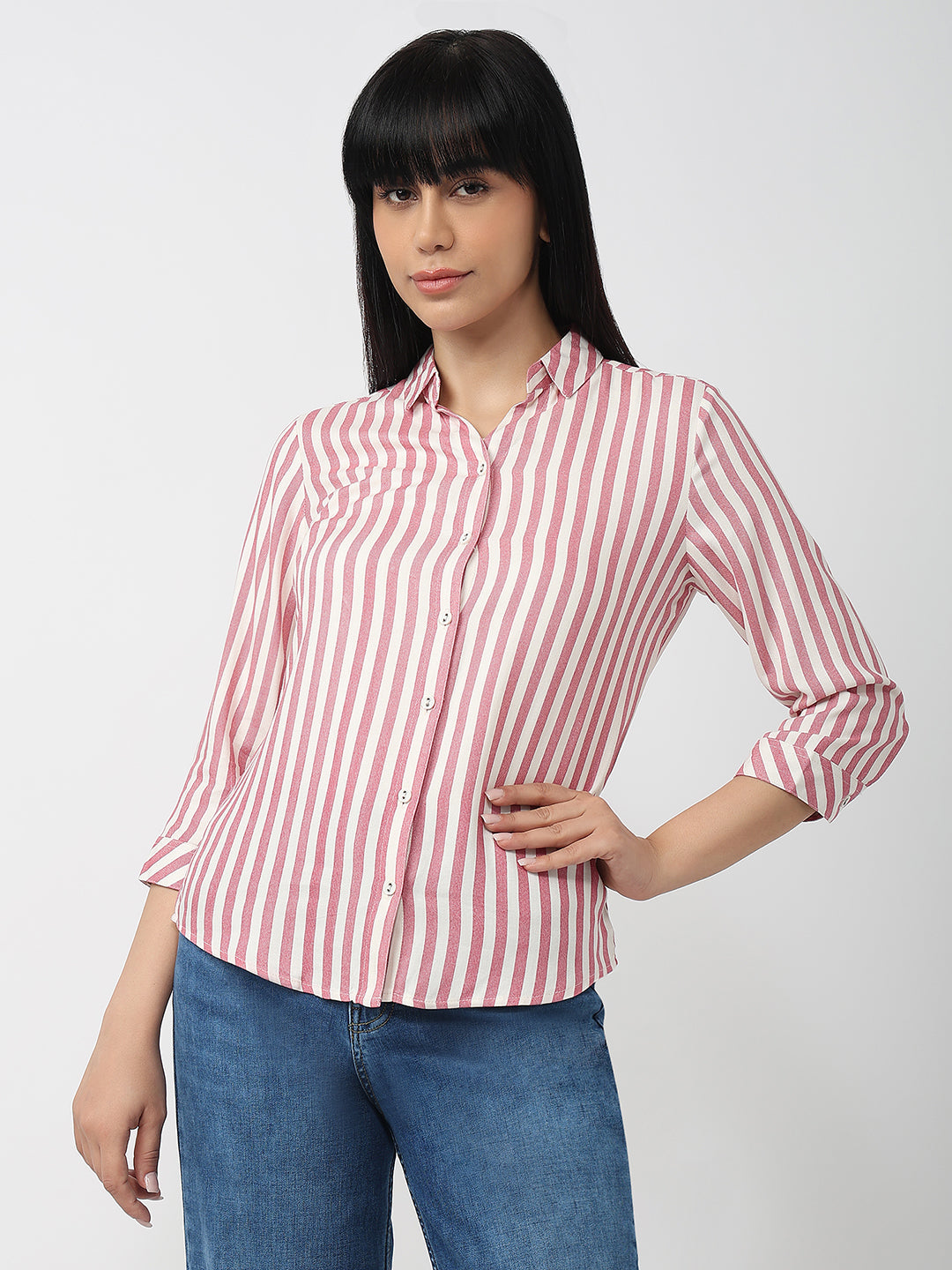 Women Dusty Pink/White Slim Fit Shirt