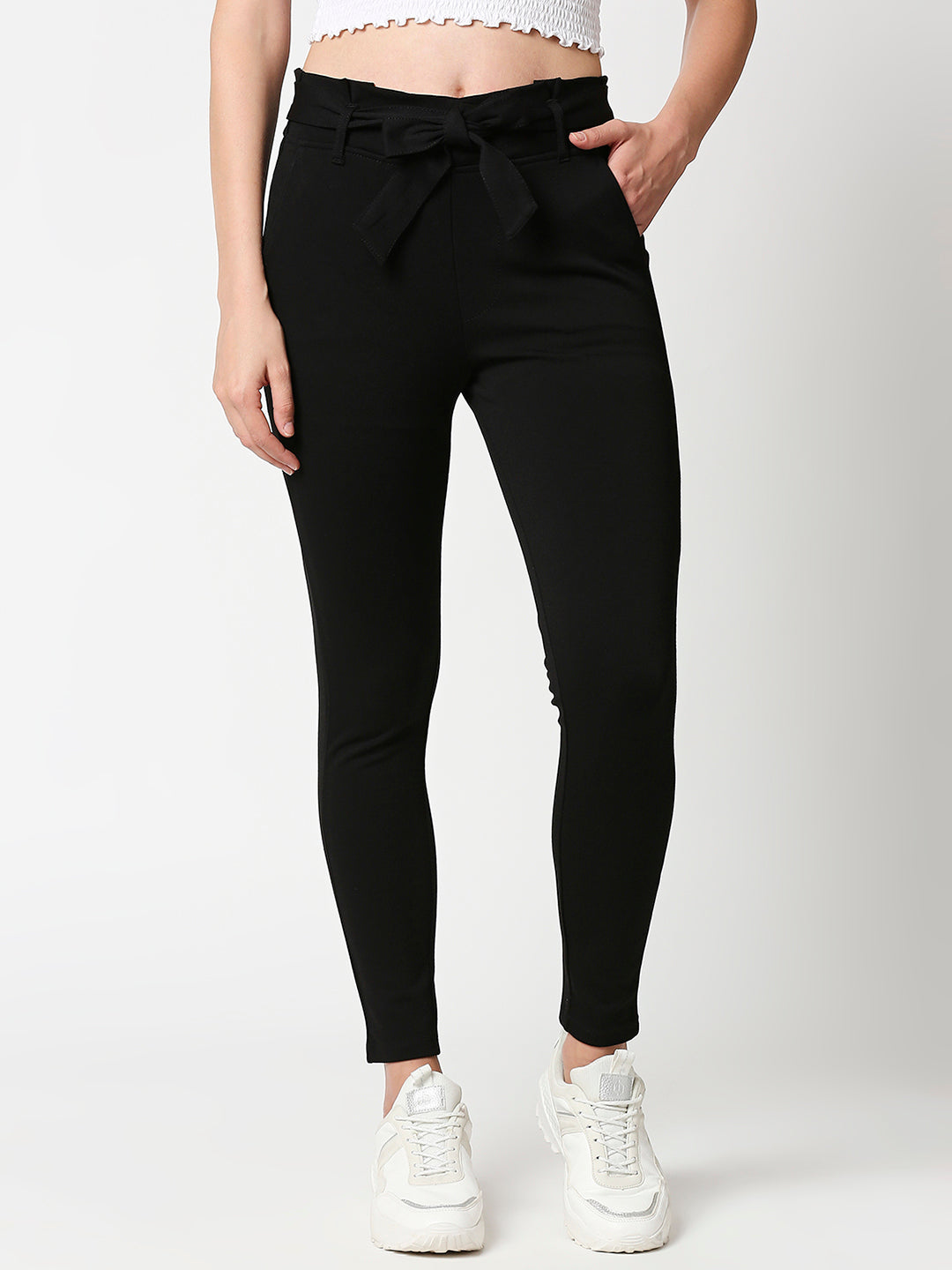 Women High-Rise Knitted Paper Bag Pants