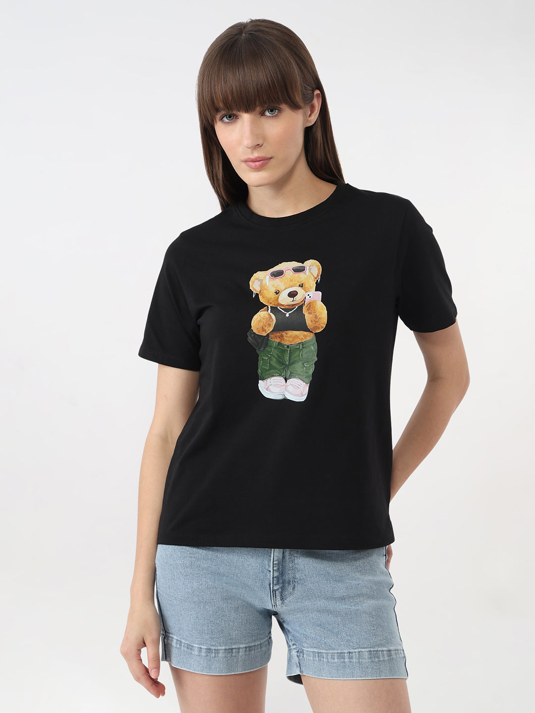 Women Black Graphic Slim T-Shirt