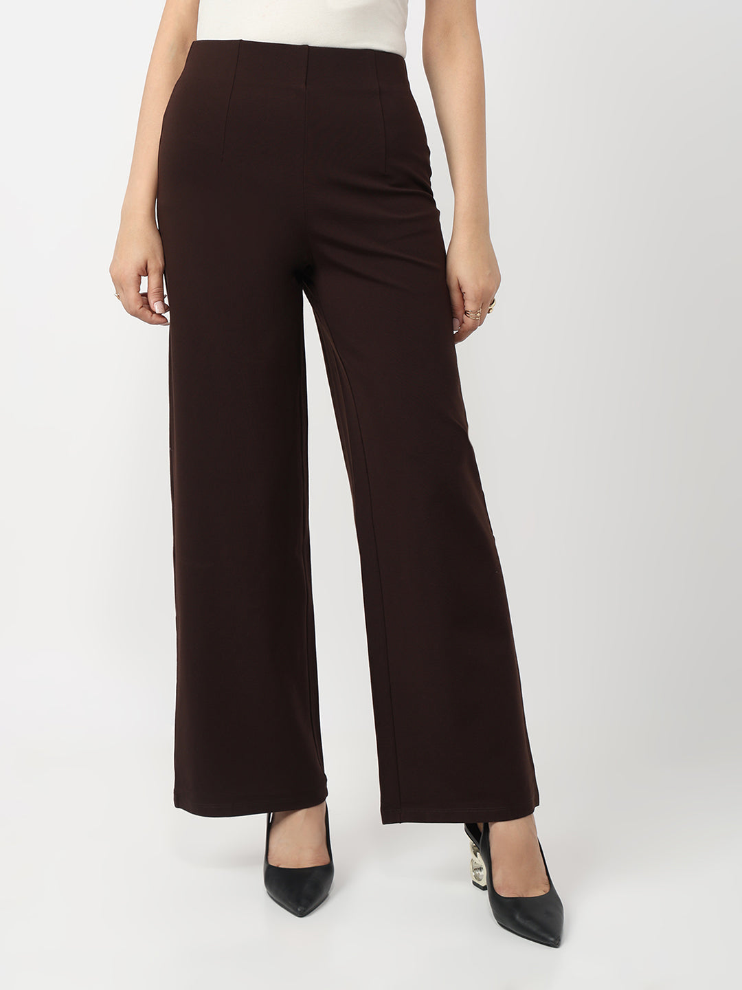 Women Sepia Mid-Rise Wide Leg Treggings