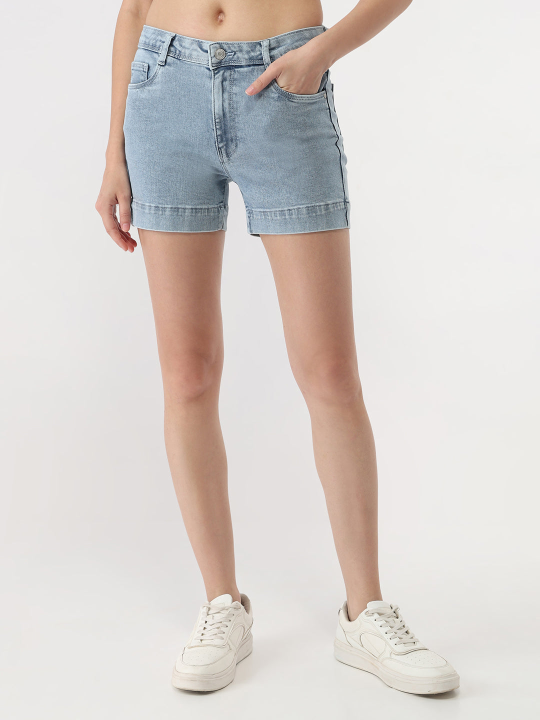 Women Light Blue High-Rise Slim Shorts