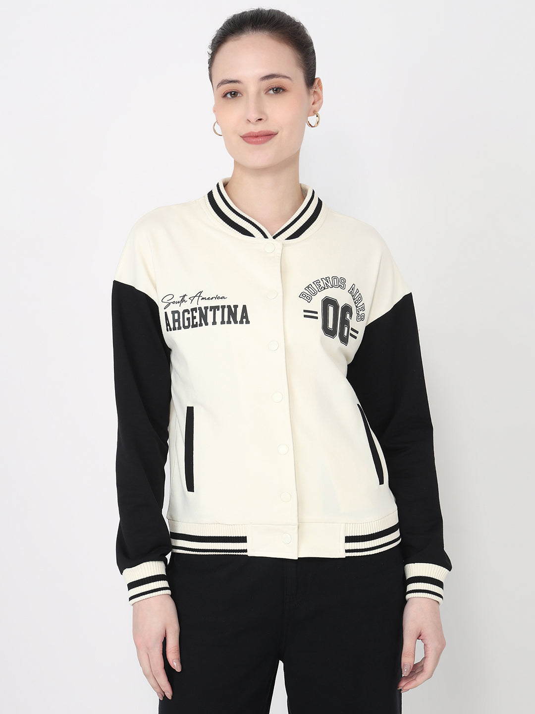 Women Ivory/Black Slim Fit Varsity Jacket