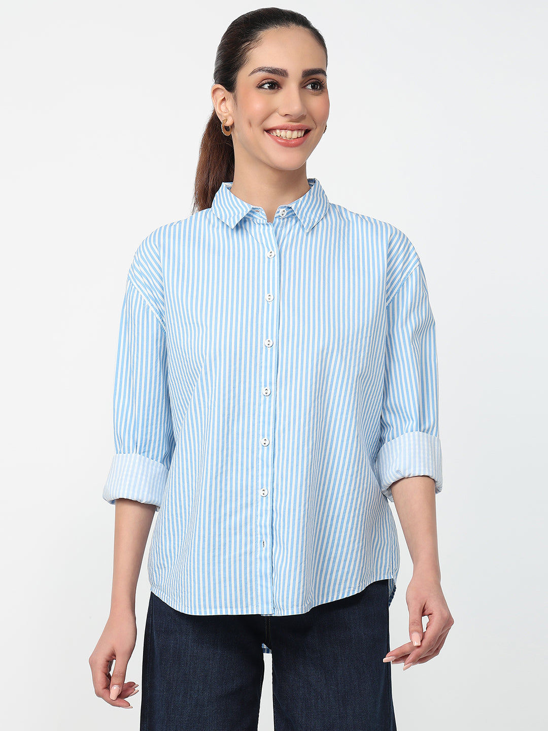 Women Sky/White Striped Oversized Shirt