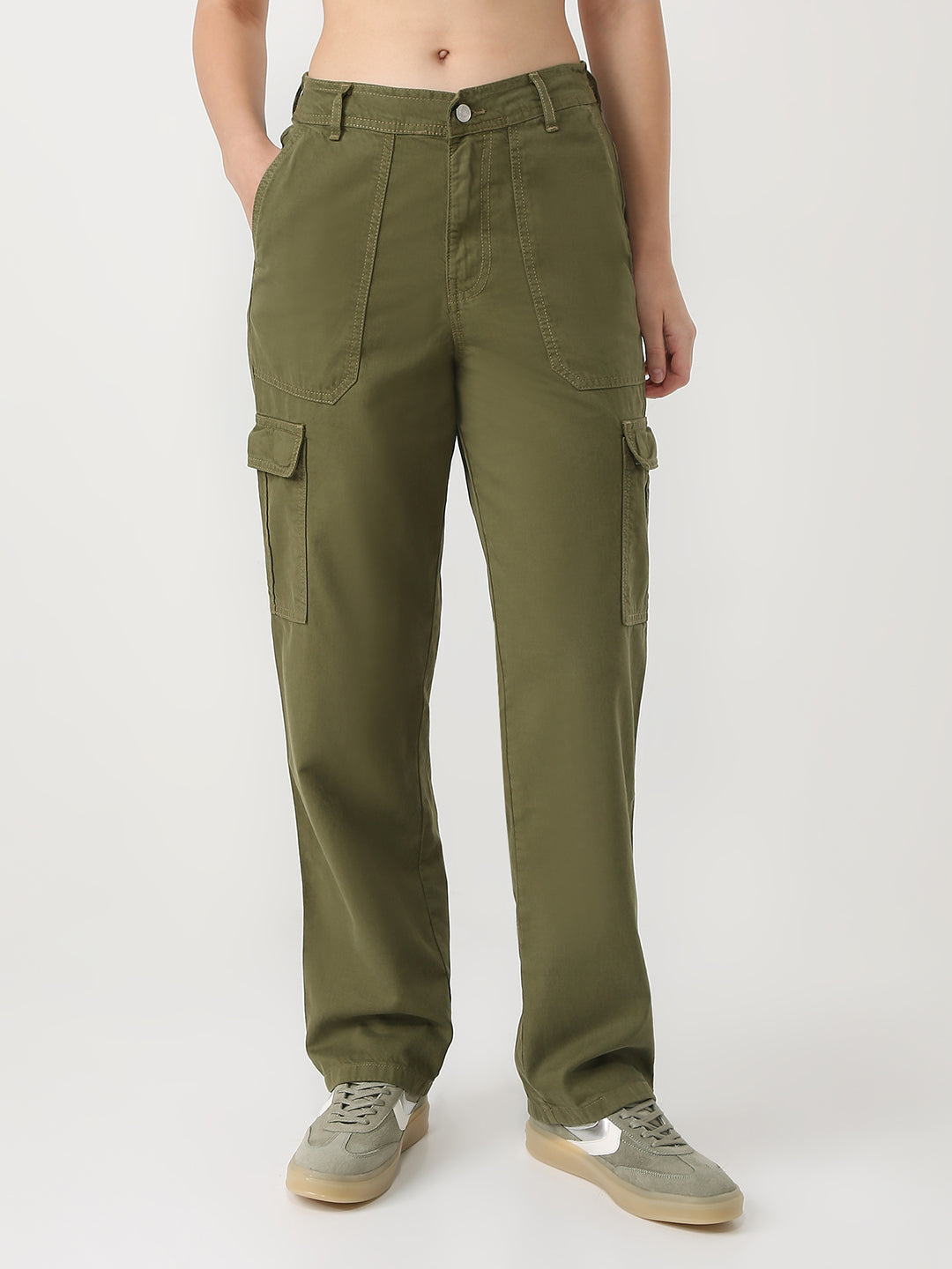Women Olive High-Rise Cargo