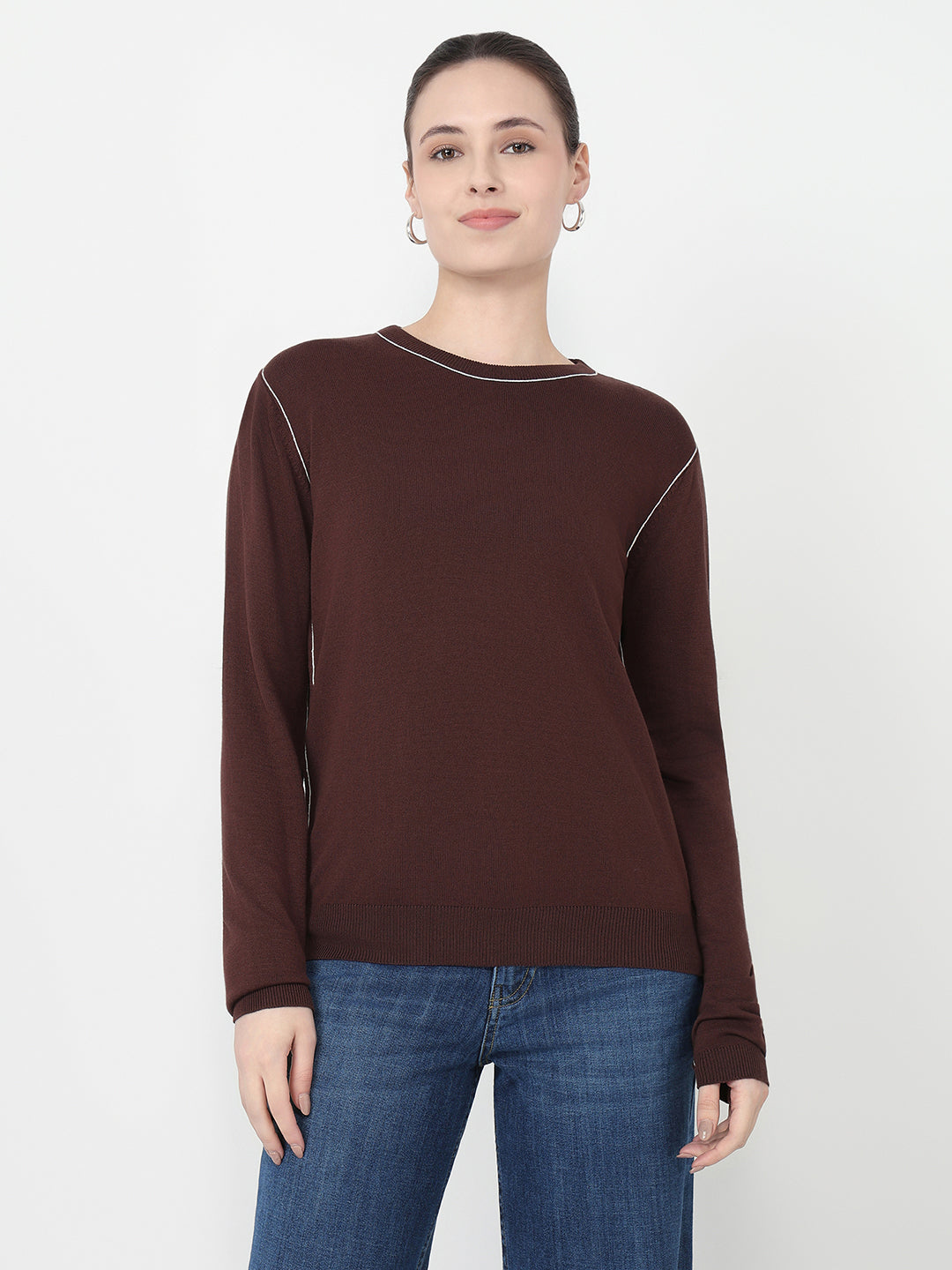 Women Coffee Bean Slim Fit Flat Knit