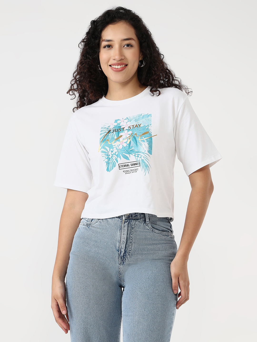 Women White Slim Graphic Crop T-Shirt