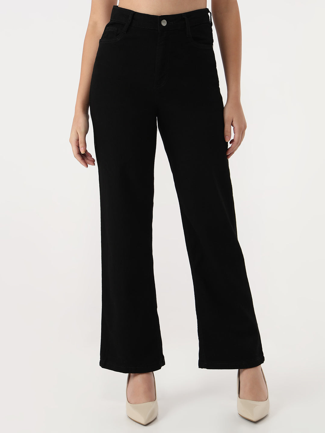 Women Solid Wide Leg Jeans