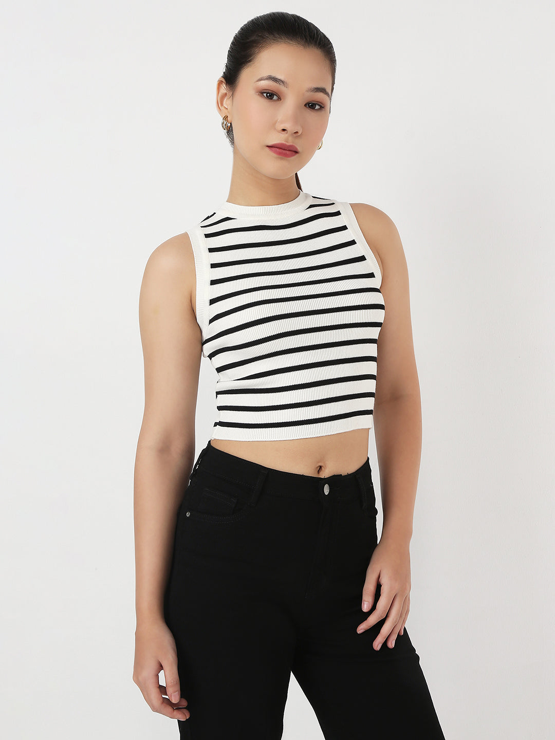Women Black/White Stripe Tank Top