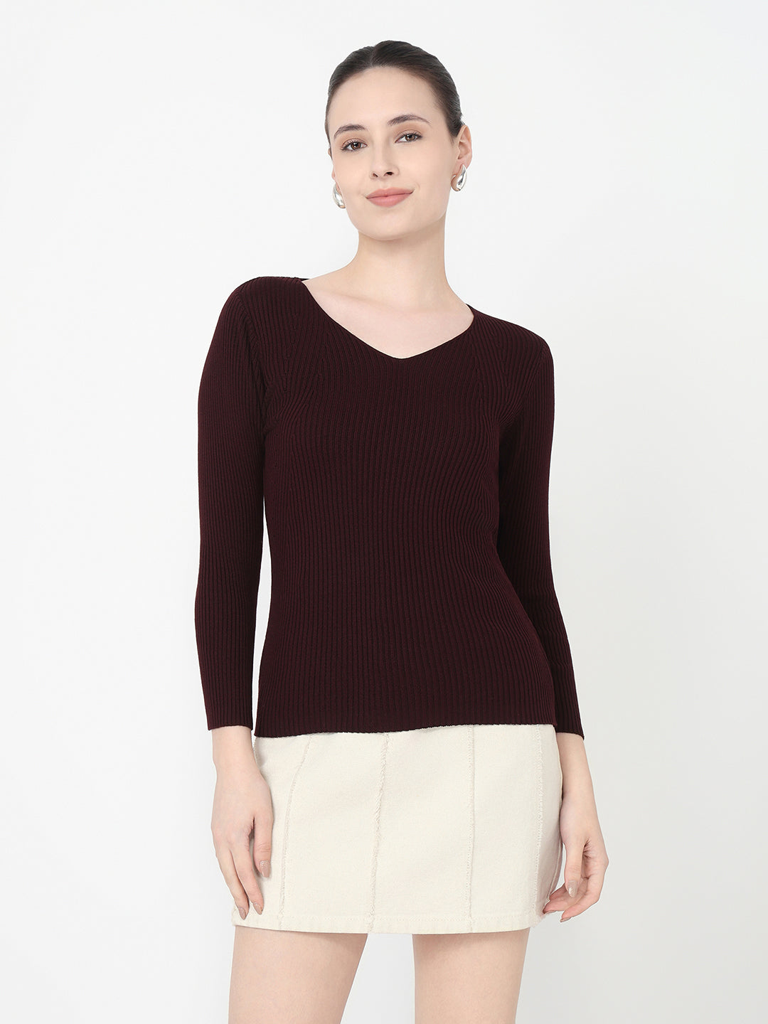 Women Wine Slim Fit Flat Knit