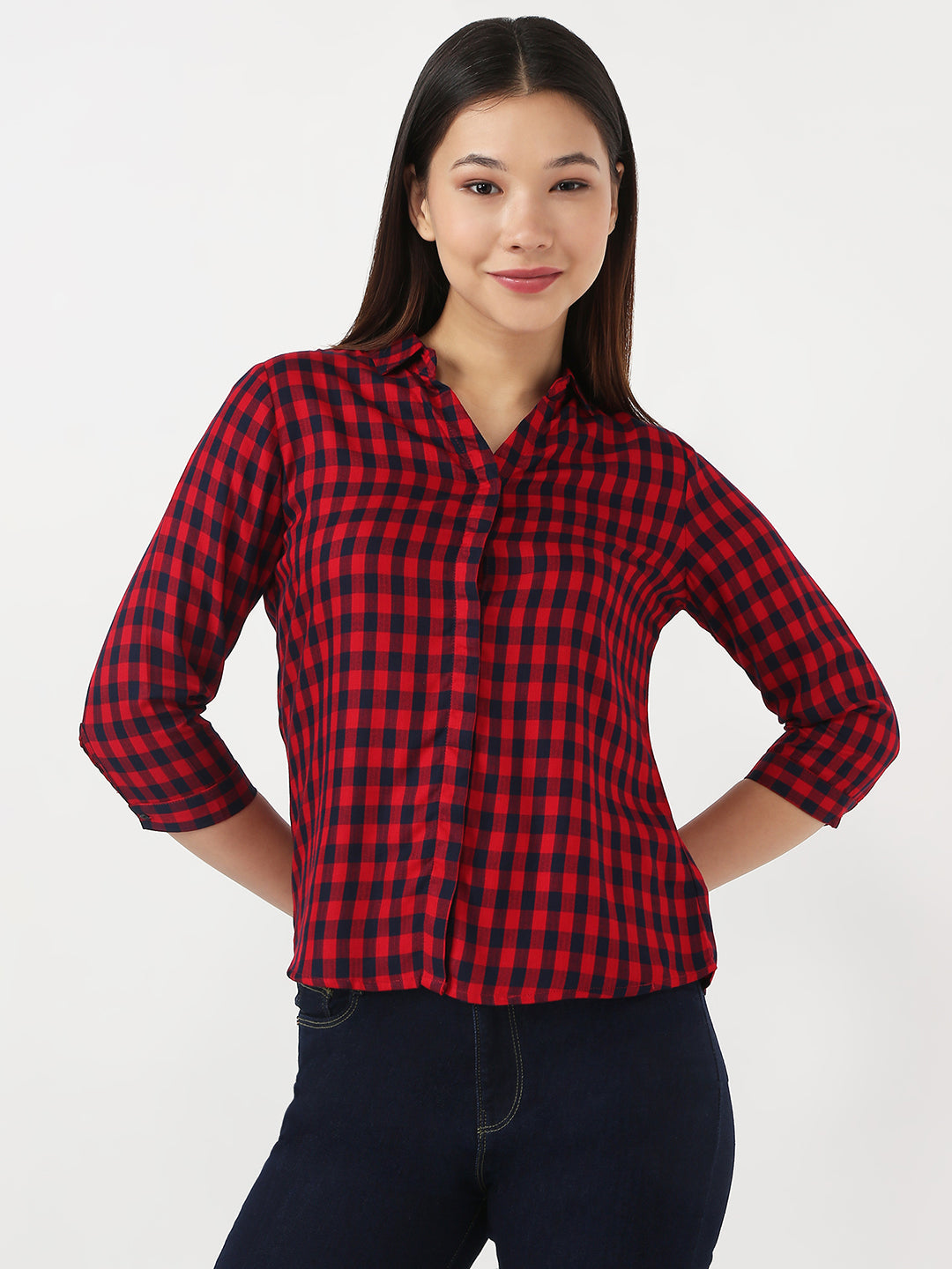 Women Red & Navy Slim Checks Shirt