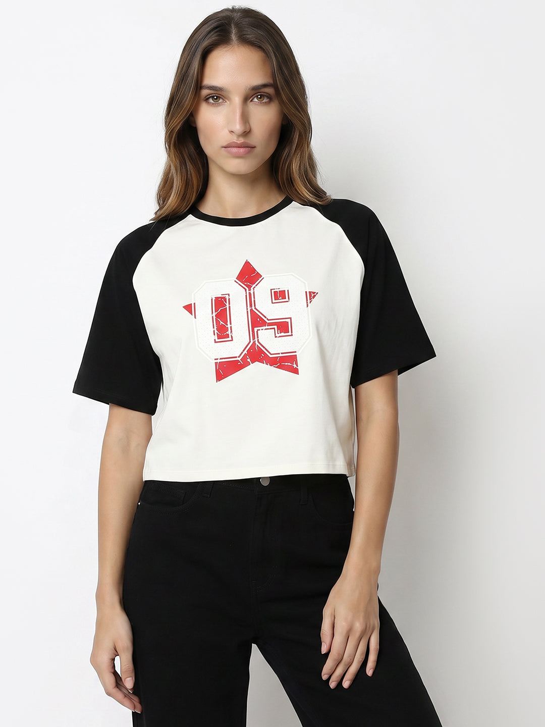 Women Ivory/Black Crop Graphic Tees
